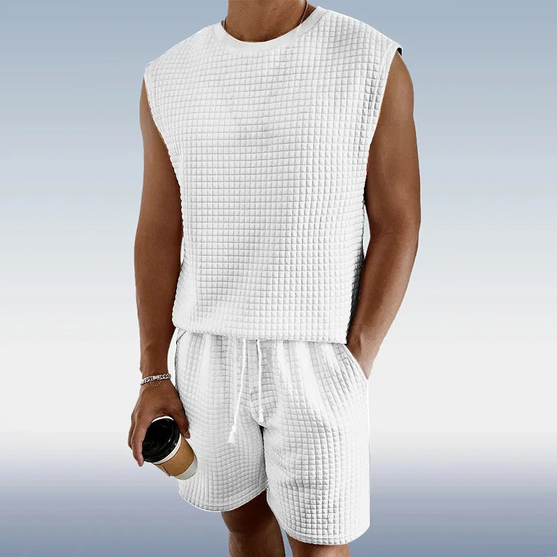 Männer Kurze Sets Casual Oansatz Ärmellose Waffel Westen Tops & Hohe Elastische Taille Kordelzug Breite Bein kurze Anzüge CBFS-2447